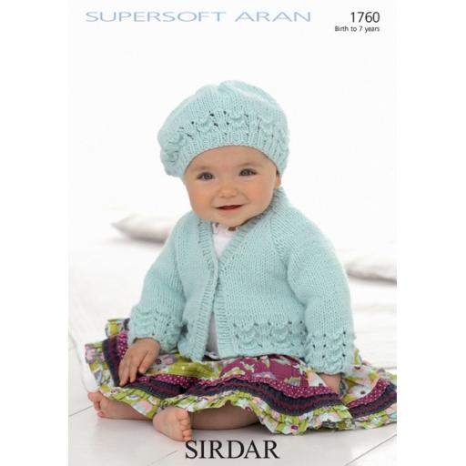 Sirdar 1760: Aran cardigan with lacy borders and matching beret