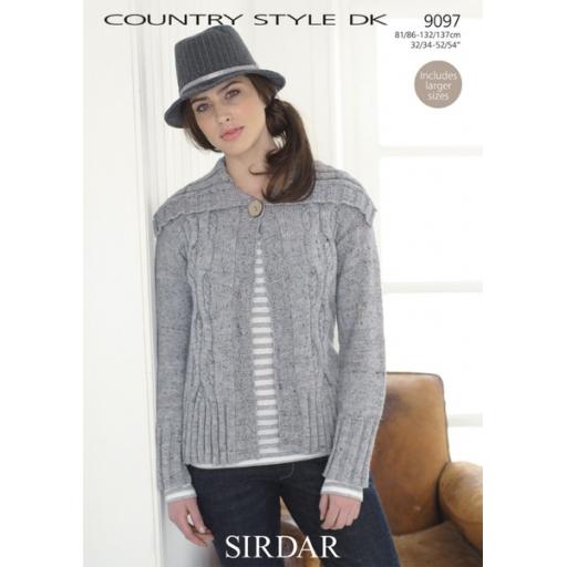Sirdar 9097: Cabled cardigan with wide ribbed collar